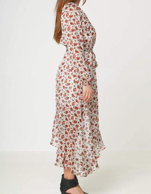 Load image into Gallery viewer, Floral Asymmetrical Ruffle Hem Wrap Dress In Victoria Garden by Shop at Konus
