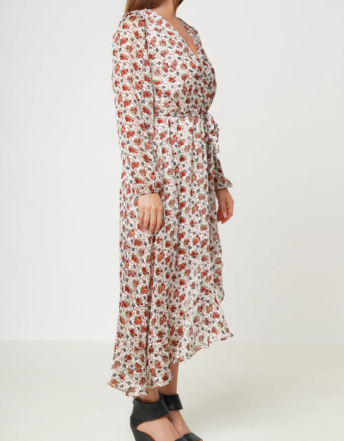 Load image into Gallery viewer, Floral Asymmetrical Ruffle Hem Wrap Dress In Victoria Garden by Shop at Konus
