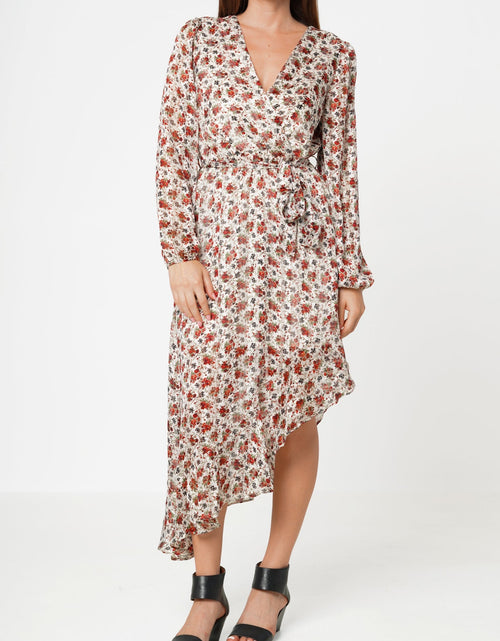Load image into Gallery viewer, Floral Asymmetrical Ruffle Hem Wrap Dress In Victoria Garden by Shop at Konus
