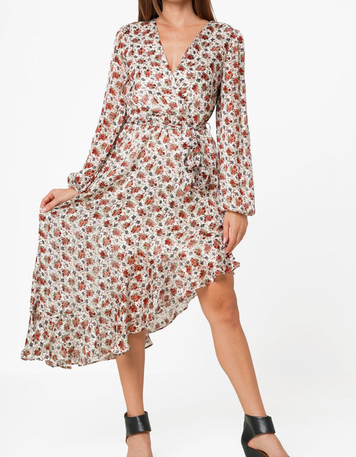 Load image into Gallery viewer, Floral Asymmetrical Ruffle Hem Wrap Dress In Victoria Garden by Shop at Konus
