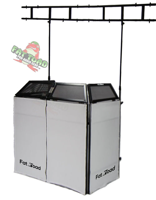 Load image into Gallery viewer, DJ Booth Tabletop With 8FT Lighting Truss Stand Package by FAT TOAD - Foldable Panel Portable Stage Platform Facade Scrim Cover, Video Light Display by GeekStands.com
