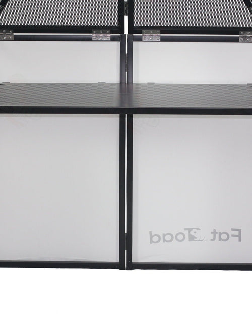 Load image into Gallery viewer, DJ Booth Tabletop With 8FT Lighting Truss Stand Package by FAT TOAD - Foldable Panel Portable Stage Platform Facade Scrim Cover, Video Light Display by GeekStands.com
