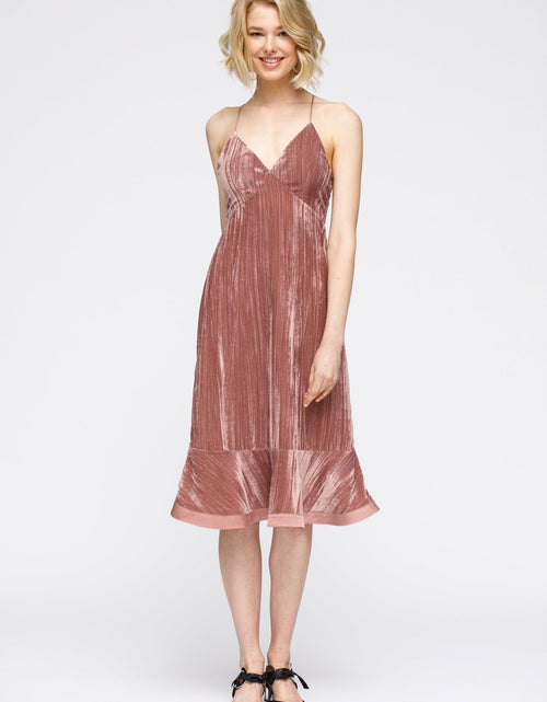 Load image into Gallery viewer, Women's Velvet Spaghetti Strap Ruffle Hem Midi Dress In Rogue by Shop at Konus
