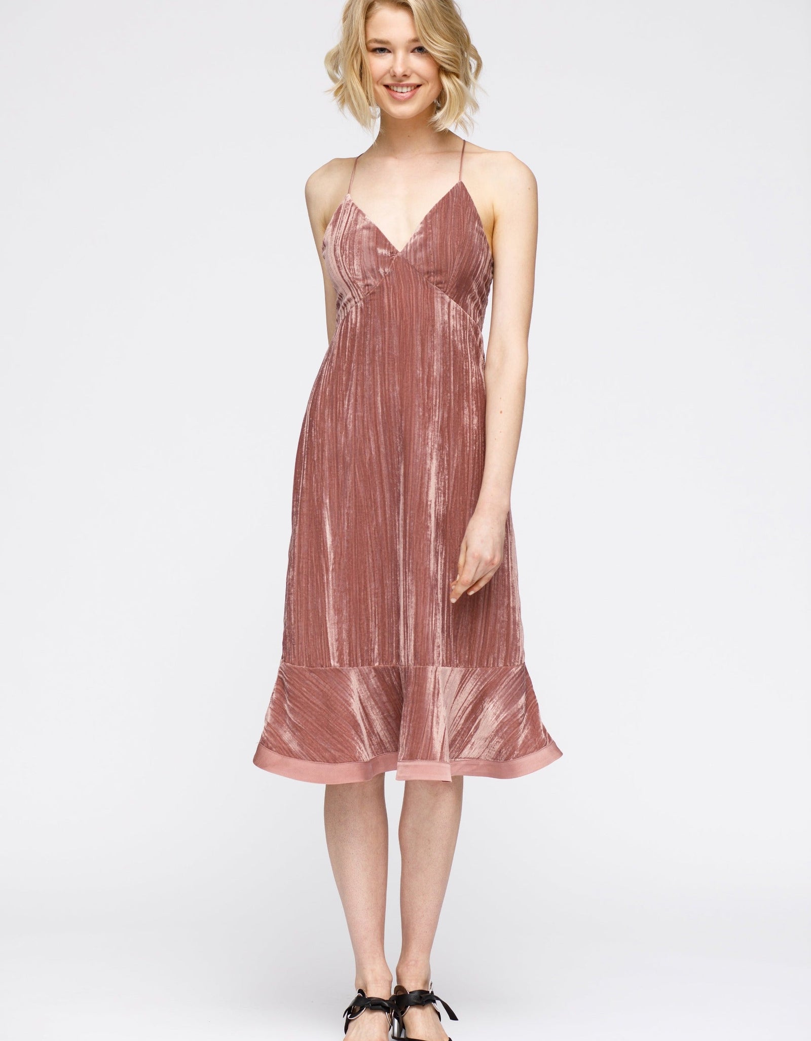 Women's Velvet Spaghetti Strap Ruffle Hem Midi Dress In Rogue by Shop at Konus