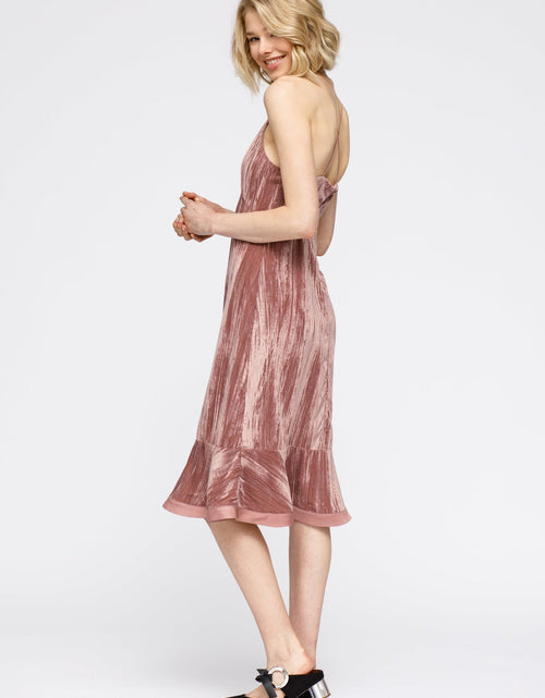 Load image into Gallery viewer, Women's Velvet Spaghetti Strap Ruffle Hem Midi Dress In Rogue by Shop at Konus
