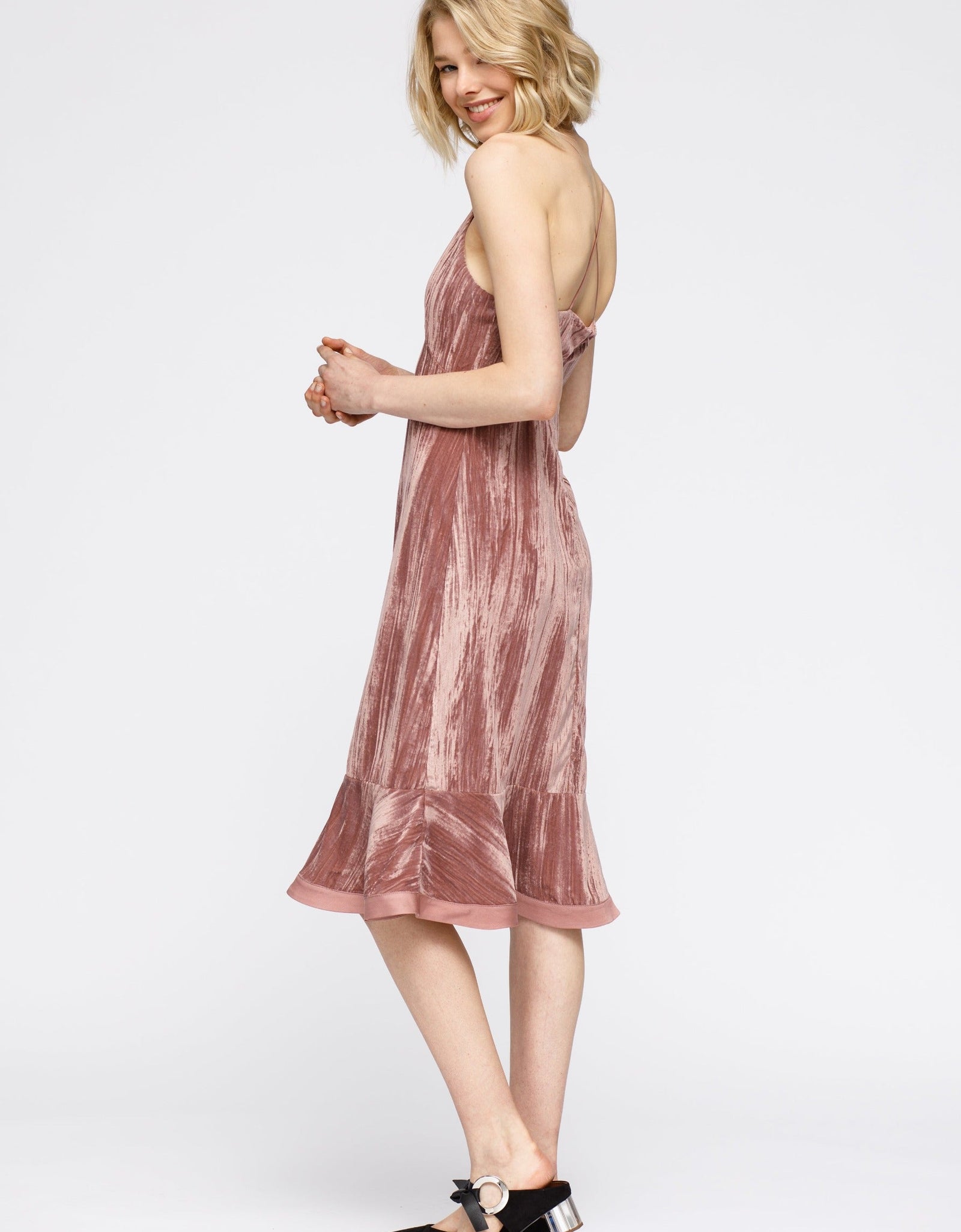 Women's Velvet Spaghetti Strap Ruffle Hem Midi Dress In Rogue by Shop at Konus