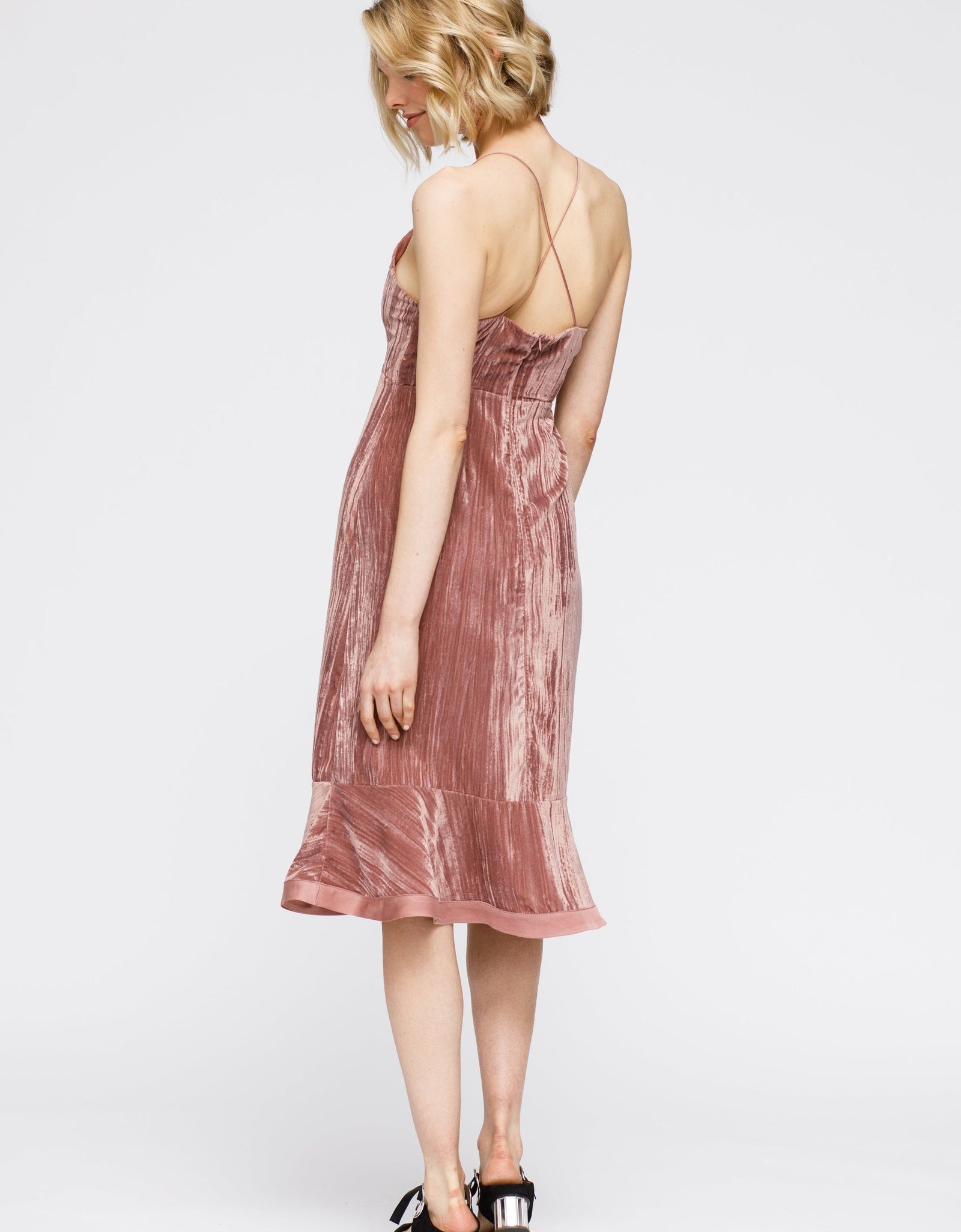 Women's Velvet Spaghetti Strap Ruffle Hem Midi Dress In Rogue by Shop at Konus