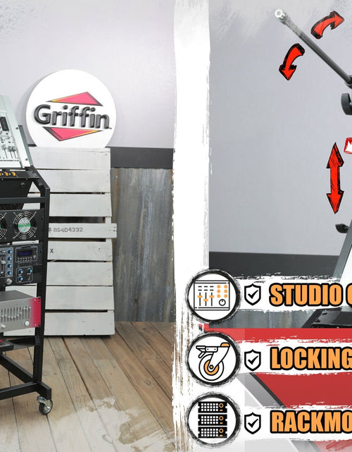 Load image into Gallery viewer, GRIFFIN Rack Mount Cart Stand &amp; Top Mixer Platform 25U - Rolling Music Studio Booth Case Holder by GeekStands.com
