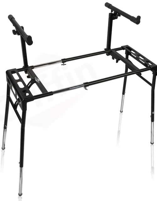 Load image into Gallery viewer, GRIFFIN 2-Tier DJ Coffin Workstation Stand - Double Table Top Keyboard &amp; Laptop Holder - Duel Level Digital Piano Rack Mount Platform for Studio Mixer by GeekStands.com
