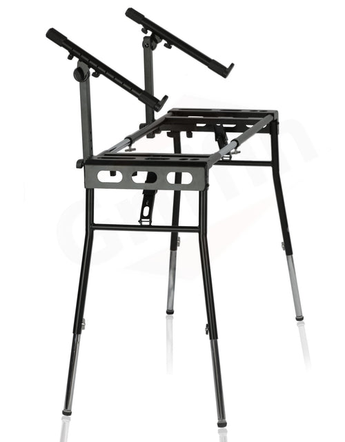 Load image into Gallery viewer, GRIFFIN 2-Tier DJ Coffin Workstation Stand - Double Table Top Keyboard &amp; Laptop Holder - Duel Level Digital Piano Rack Mount Platform for Studio Mixer by GeekStands.com
