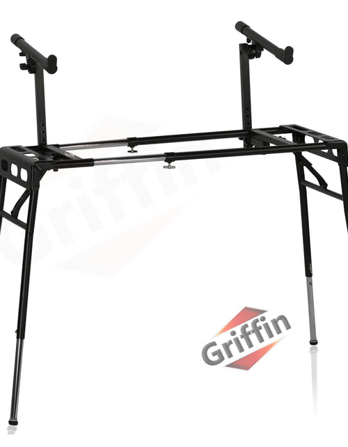 Load image into Gallery viewer, GRIFFIN 2-Tier DJ Coffin Workstation Stand - Double Table Top Keyboard &amp; Laptop Holder - Duel Level Digital Piano Rack Mount Platform for Studio Mixer by GeekStands.com
