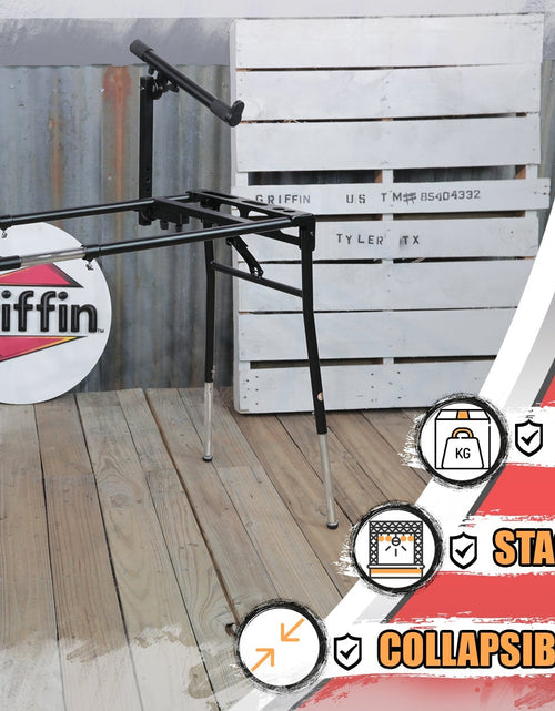 Load image into Gallery viewer, GRIFFIN 2-Tier DJ Coffin Workstation Stand - Double Table Top Keyboard &amp; Laptop Holder - Duel Level Digital Piano Rack Mount Platform for Studio Mixer by GeekStands.com
