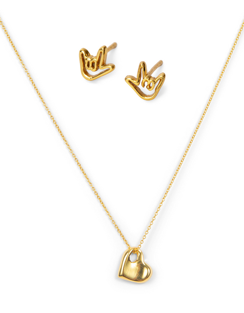 Load image into Gallery viewer, I Love You Classic Gold Earrings &amp; Necklace Set by ETHICGOODS
