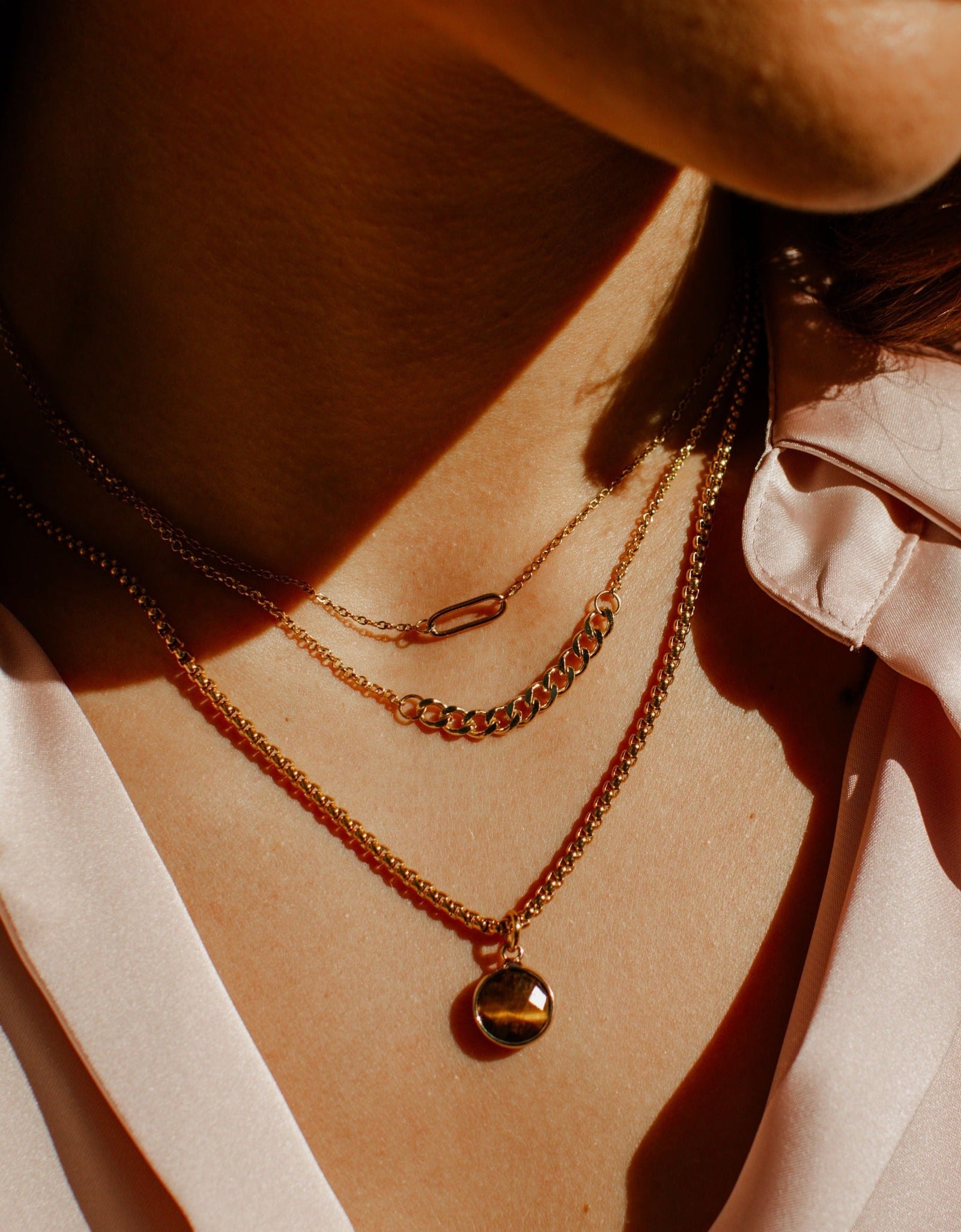 Classic Gold Stone Pendant Necklace Set - Paperclip Chain & Tiger's Eye by ETHICGOODS