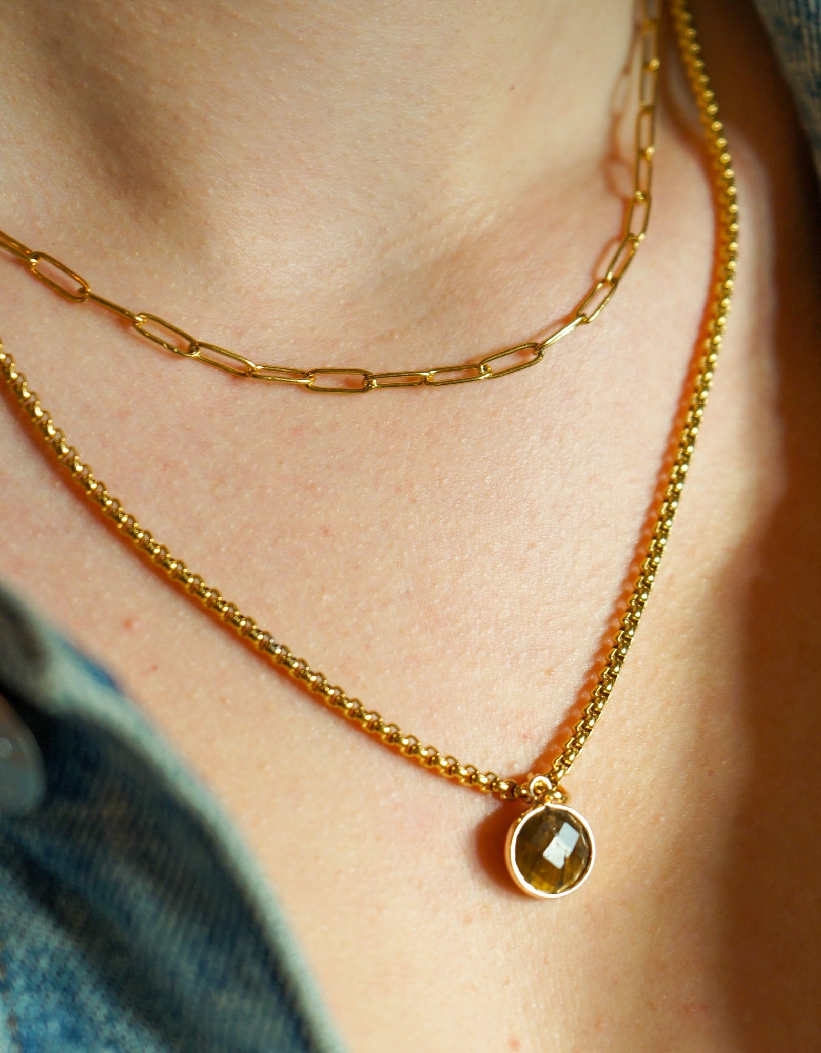 Classic Gold Stone Pendant Necklace Set - Paperclip Chain & Tiger's Eye by ETHICGOODS