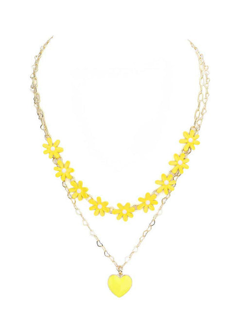 Load image into Gallery viewer, Enamel Heart Pendant Flower Link Double Layered Necklace by Madeline Love
