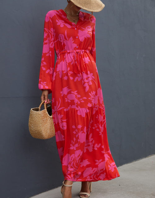 Load image into Gallery viewer, Floral Drawstring Waist Long Sleeve Dress
