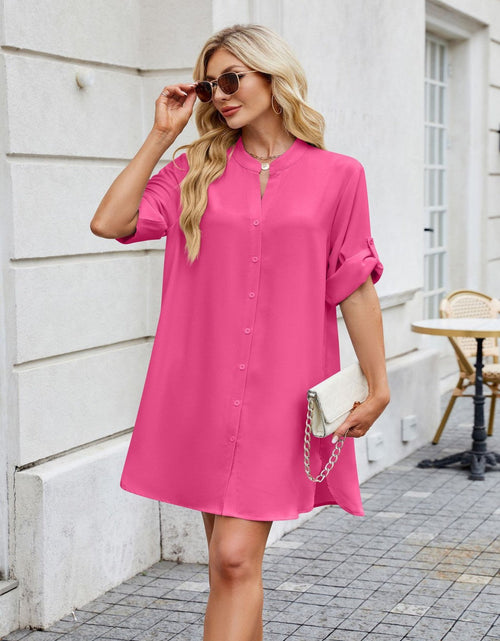 Load image into Gallery viewer, Notched Long Sleeve Mini Shirt Dress
