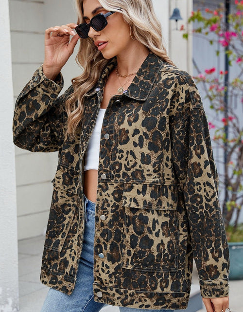 Load image into Gallery viewer, Leopard Button Up Drop Shoulder Denim Jacket
