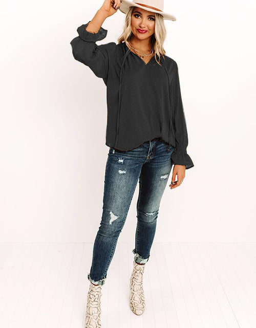 Load image into Gallery viewer, Swiss Dot Tie Neck Flounce Sleeve Blouse
