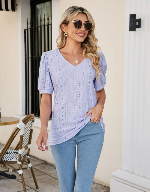 Load image into Gallery viewer, Eyelet Puff Sleeve V-Neck Top
