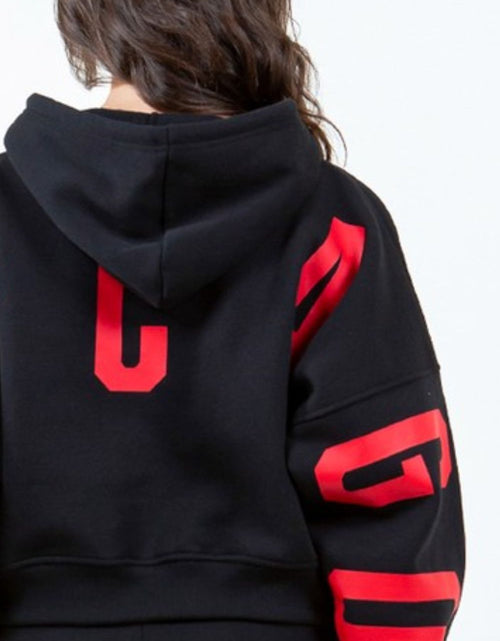 Load image into Gallery viewer, American Bazi Letter Graphic Long Sleeve Drawstring Cropped Hoodie
