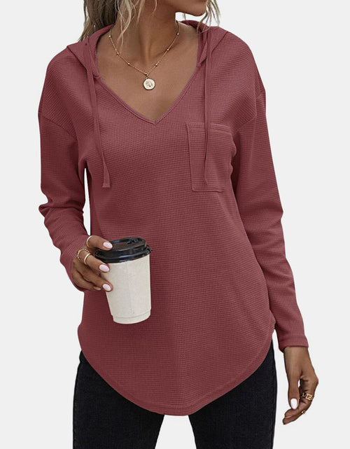 Load image into Gallery viewer, Drawstring Waffle Knit Long Sleeve Hooded Top
