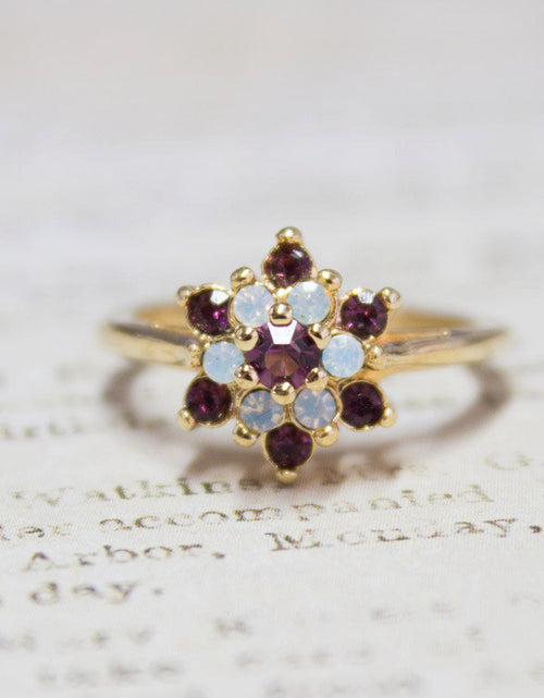 Load image into Gallery viewer, Vintage Rose and Amethyst Austrian Crystal Star Ring 18k Yellow Gold Electroplate Made in the USA by PVD Vintage Jewelry

