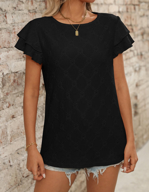 Load image into Gallery viewer, Eyelet Round Neck Double Layered Ruffled Short Sleeve Top
