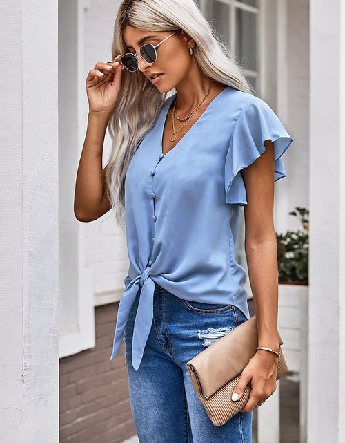 Load image into Gallery viewer, V-Neck Tie Hem Flutter Sleeve Blouse
