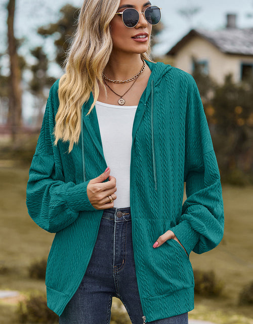 Load image into Gallery viewer, Drawstring Zip Up Dropped Shoulder Hoodie
