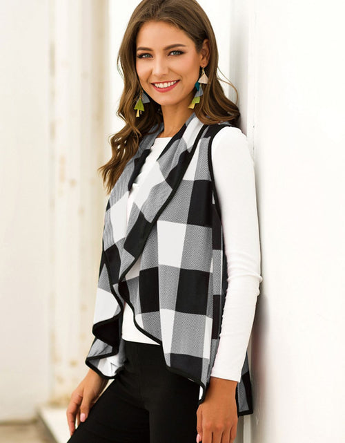 Load image into Gallery viewer, Shiny Plaid Open Front Sleeveless Cardigan
