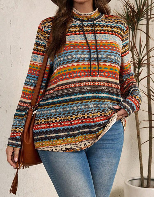 Load image into Gallery viewer, Plus Size Drawstring Printed Mock Neck Long Sleeve Top
