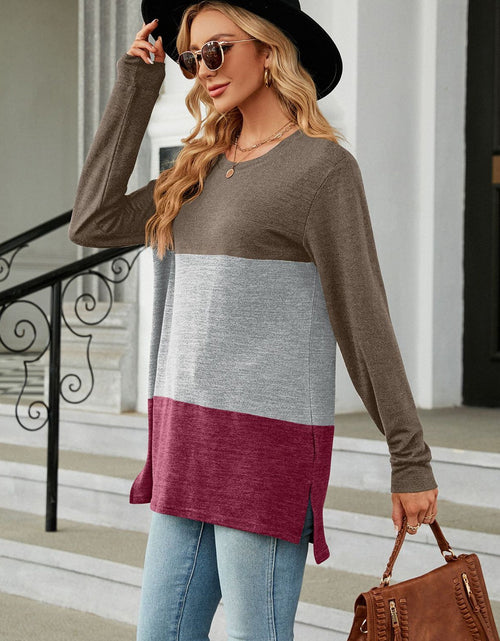 Load image into Gallery viewer, Color Block Round Neck Long Sleeve Slit T-Shirt

