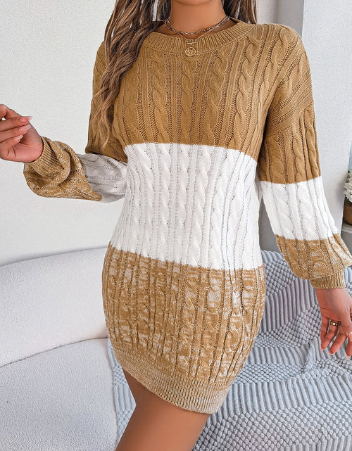 Load image into Gallery viewer, Cable-Knit Round Neck Color Block Sweater Dress
