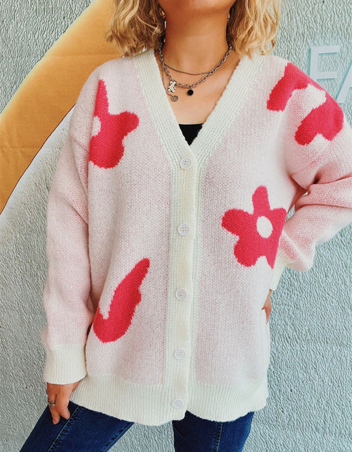 Load image into Gallery viewer, Flower Button Down V-Neck Long Sleeve Cardigan
