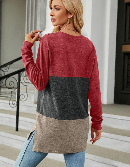 Load image into Gallery viewer, Color Block Round Neck Long Sleeve Slit T-Shirt
