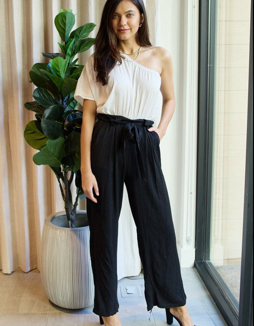 Load image into Gallery viewer, Dress Day Marvelous in Manhattan One-Shoulder Jumpsuit in White/Black
