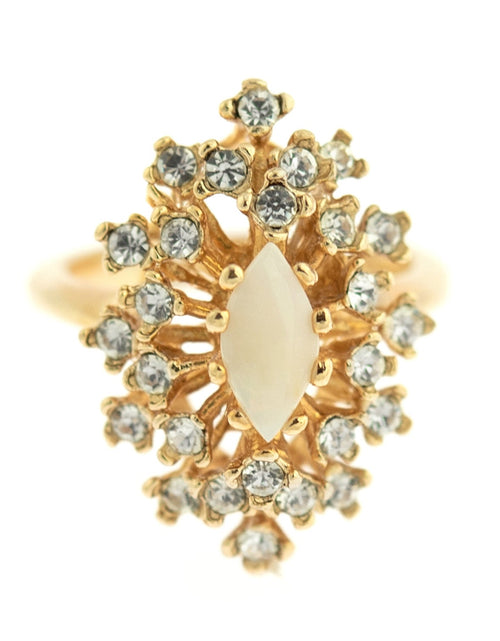 Load image into Gallery viewer, Vintage Ring Genuine Opal with Clear and Ruby Austrian Crystals 18kt Yellow Gold Electroplated by PVD Vintage Jewelry
