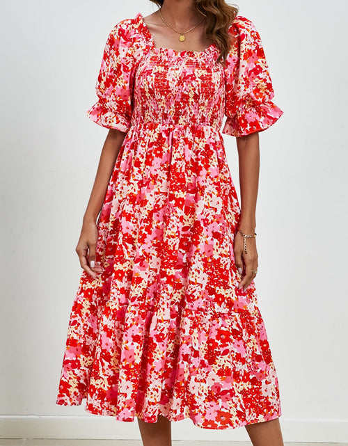 Load image into Gallery viewer, Smocked Floral Square Neck Short Sleeve Dress
