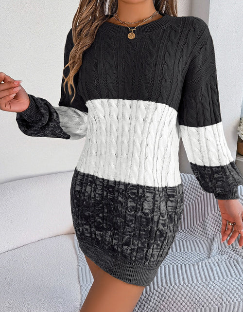 Load image into Gallery viewer, Cable-Knit Round Neck Color Block Sweater Dress
