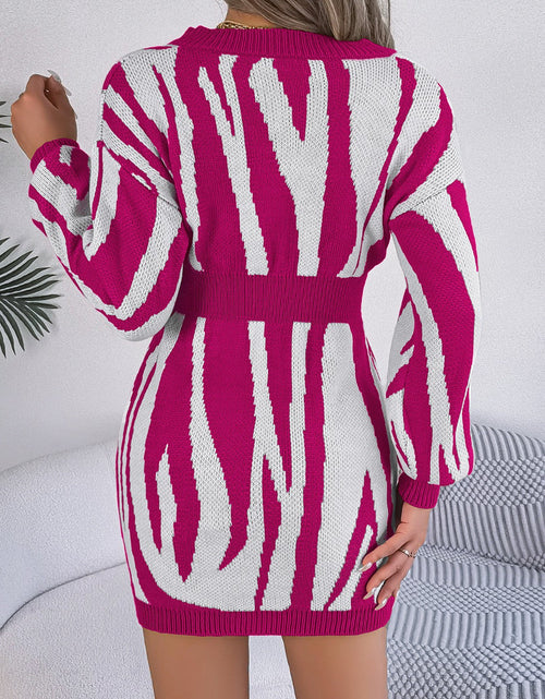 Load image into Gallery viewer, Animal Print V-Neck Long Sleeve Sweater Dress
