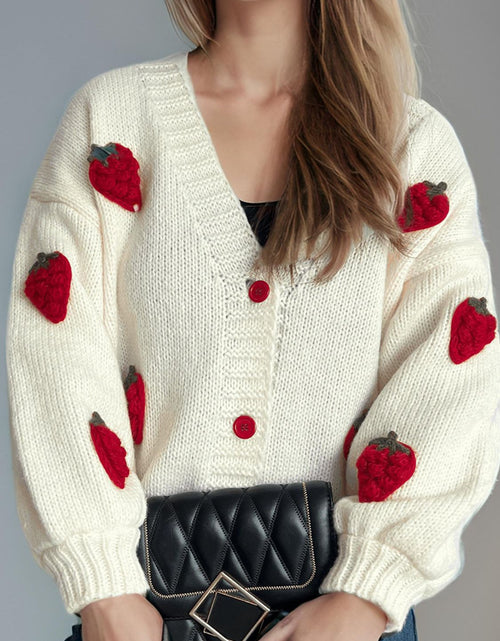 Load image into Gallery viewer, Crochet Strawberry V-Neck Long Sleeve Cardigan

