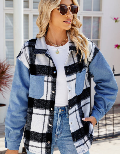 Load image into Gallery viewer, Pocketed Plaid Snap Down Denim Jacket
