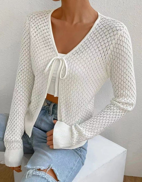 Load image into Gallery viewer, Tied Openwork V-Neck Long Sleeve Cardigan
