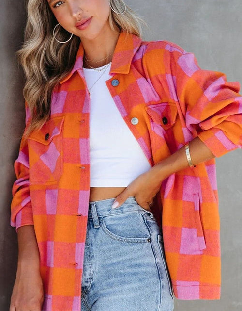 Load image into Gallery viewer, Plaid Collared Neck Button Up Jacket
