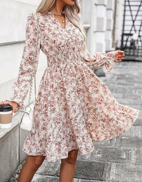 Load image into Gallery viewer, Ruffle Hem Floral Surplice Long Sleeve Dress
