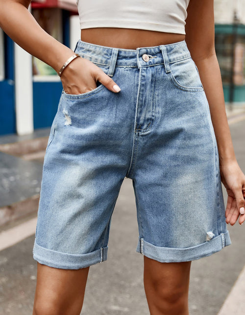 Load image into Gallery viewer, Distressed Buttoned Denim Shorts with Pockets
