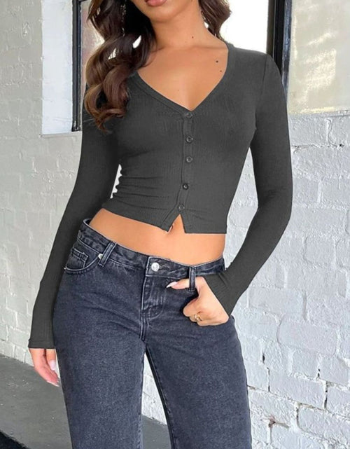 Load image into Gallery viewer, Buttoned V-Neck Long Sleeve T-Shirt
