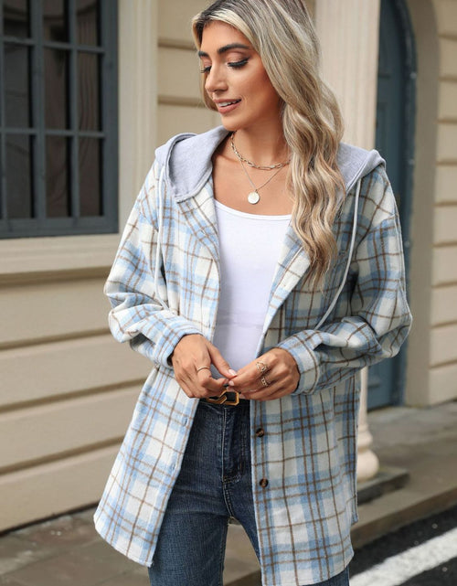 Load image into Gallery viewer, Drawstring Plaid Button Up Hooded Jacket
